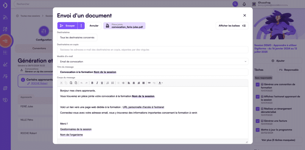 Destinataires en copie des e-mails Digiforma