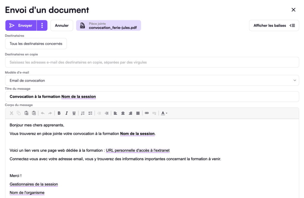 Destinataires en copie des e-mails Digiforma