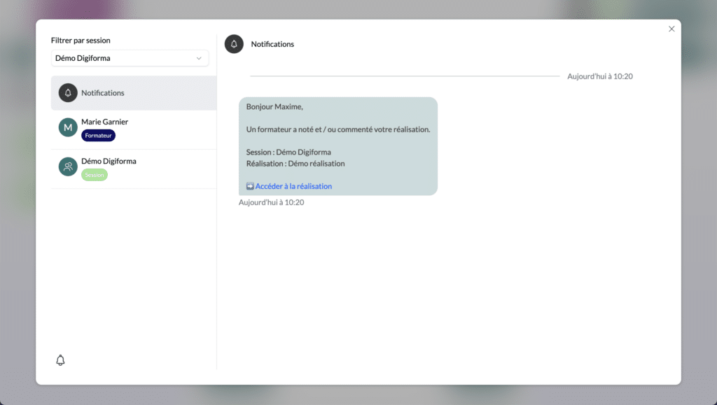 Notifications de réalisation dans la messagerie instantanée Digiforma