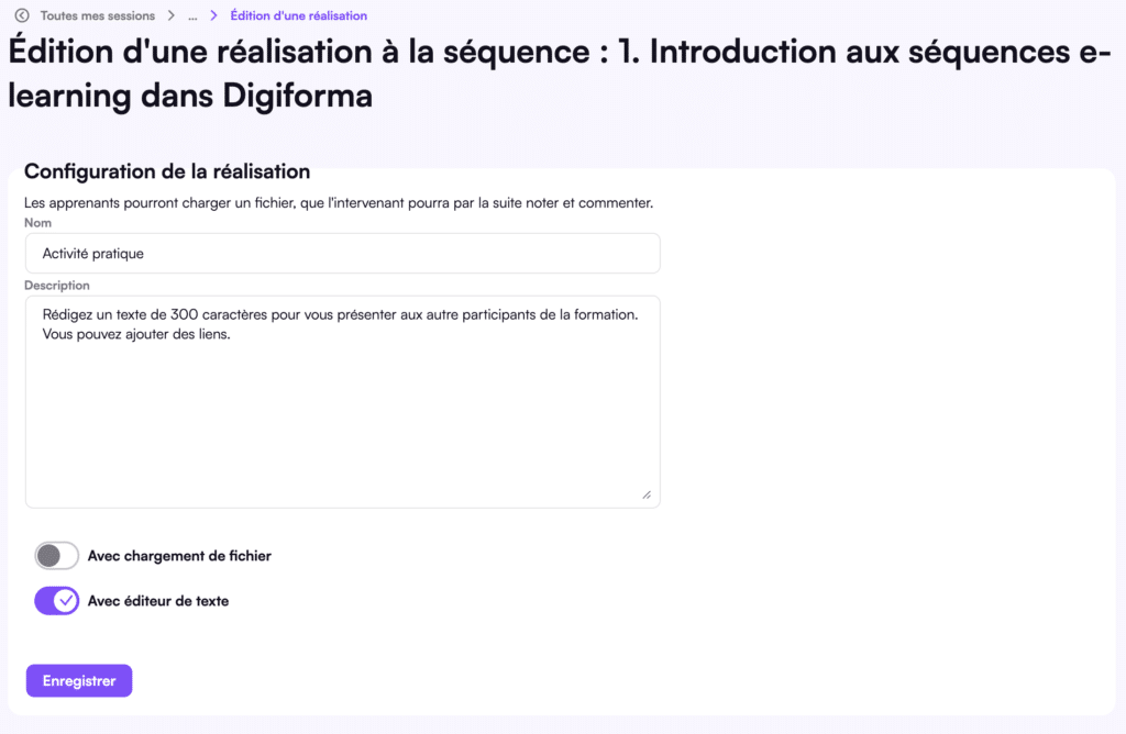 Saisie de texte dans les réalisations Digiforma