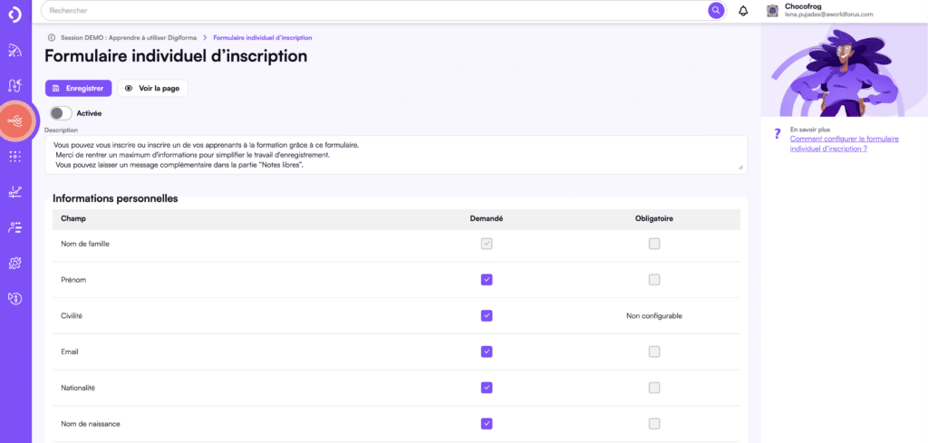 Formulaire individuel d'inscription aux sessions Digiforma