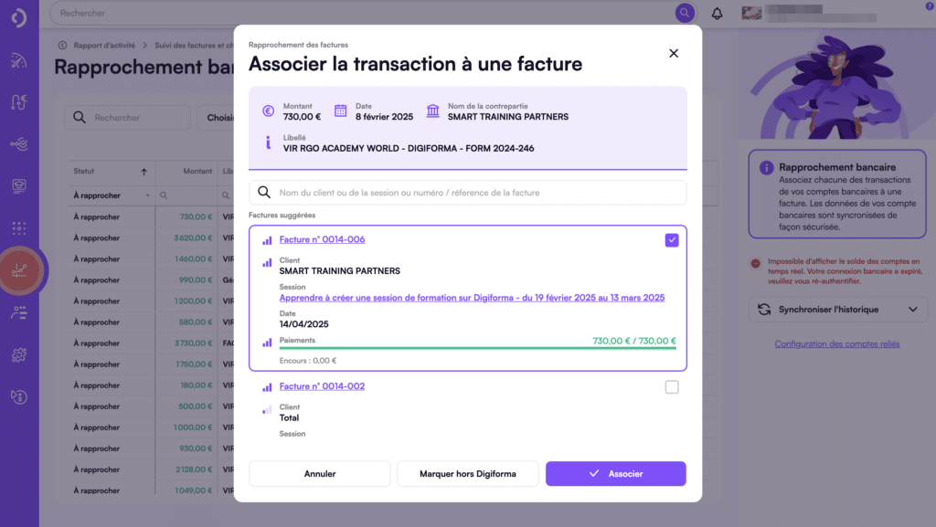 Rapprochement bancaire dans Digiforma