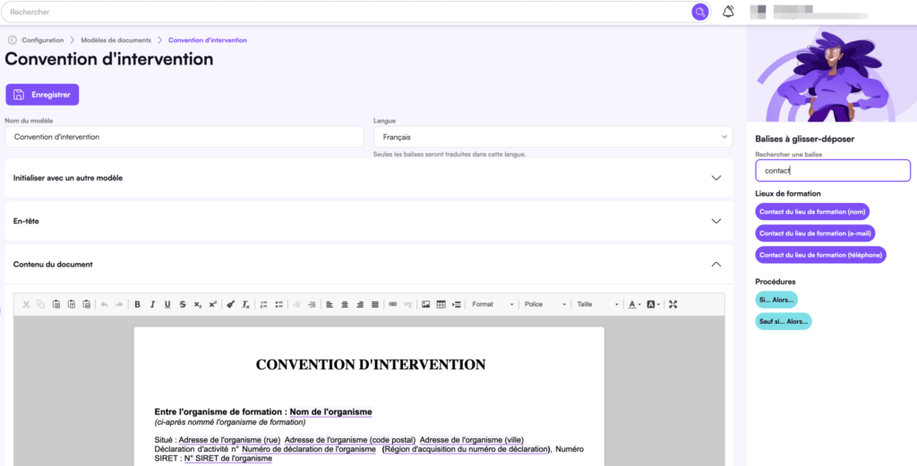 Balises de contact du lieu de formation dans Digiforma