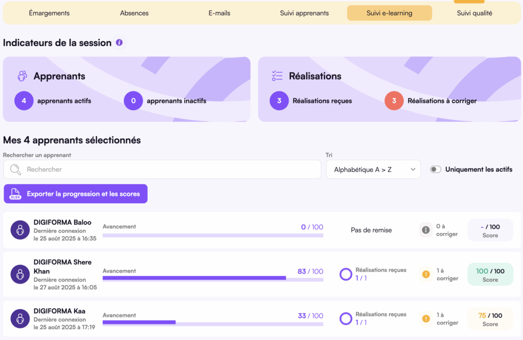 Tableau de bord suivi E-learning