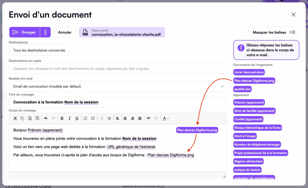 Pièce-jointe dans les e-mails Digiforma