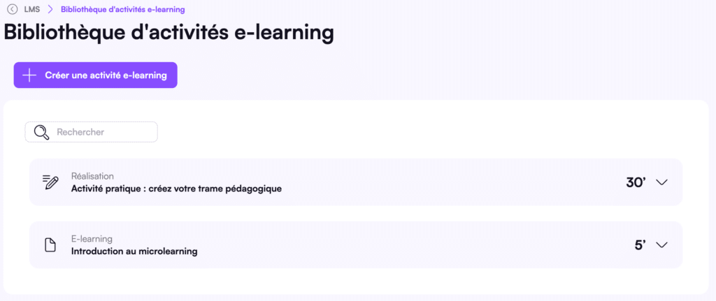 Bibliothèque d'activités E-learning dans Digiforma