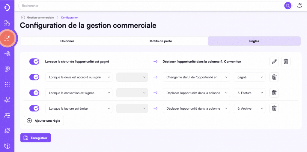 Configuration des déclencheurs dans le CRM Digiforma