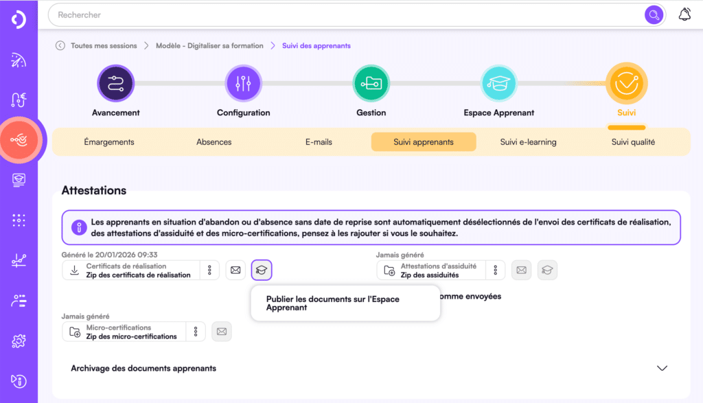 Publication de documents sur l'Espace Apprenant de Digiforma