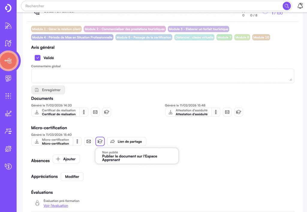 Publication des micro-certifications dans l'Espace Apprenant Digiforma