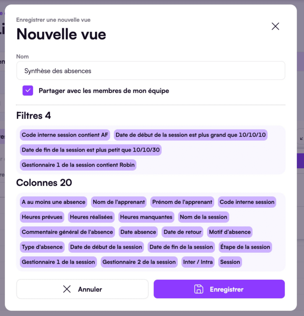 Vues personnalisées dans les rapports d'activité Digiforma