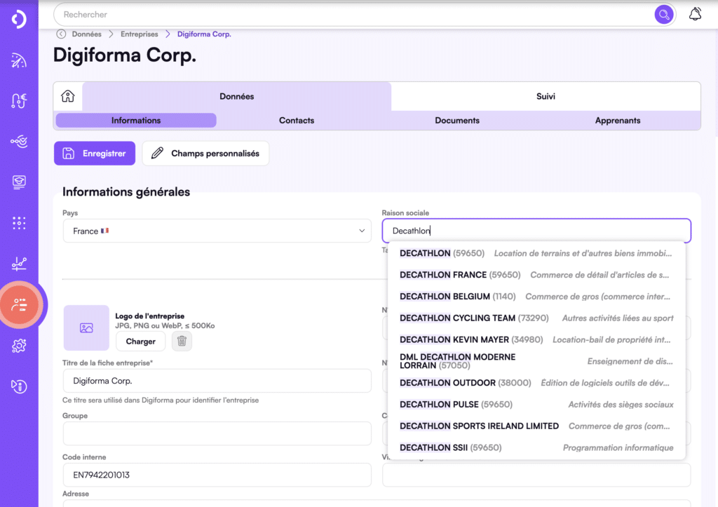 Interconnexion Pappers-Digiforma fiche entreprise