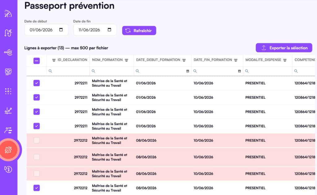 Export de fichier CSV pour le Passeport Prévention dans Digiforma