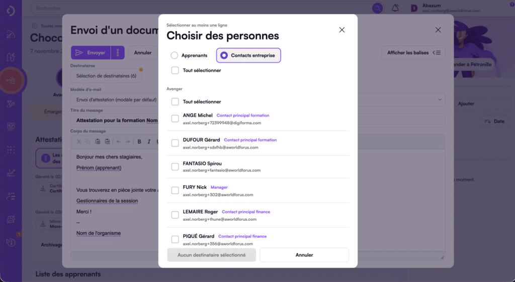 Partage des documents de suivi apprenants aux entreprises