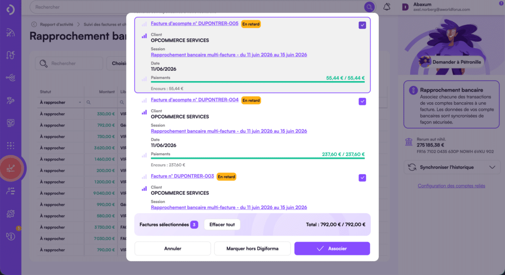 Rapprochement bancaire multi-factures dans Digiforma
