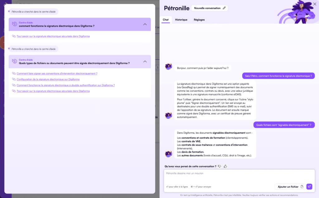 Assistant IA Pétronille – Remontée de la FAQ Digiforma